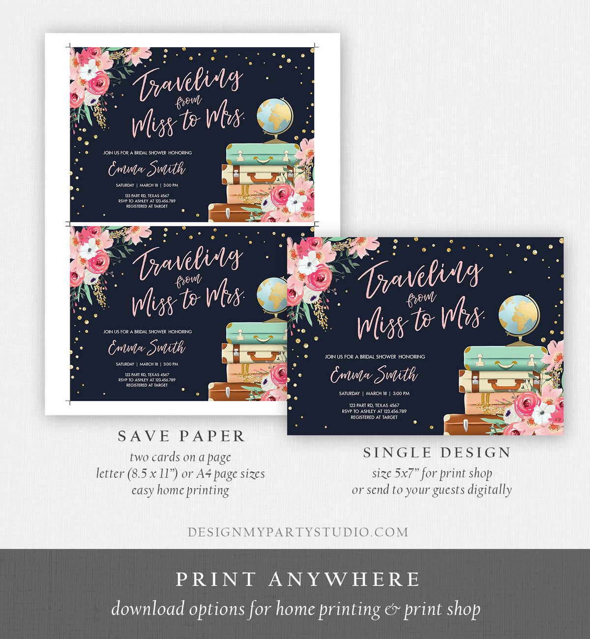 Editable Traveling from Miss to Mrs Bridal Shower Invitation Pink Floral Navy Gold Globe Suitcases Download Printable Corjl Template 0030