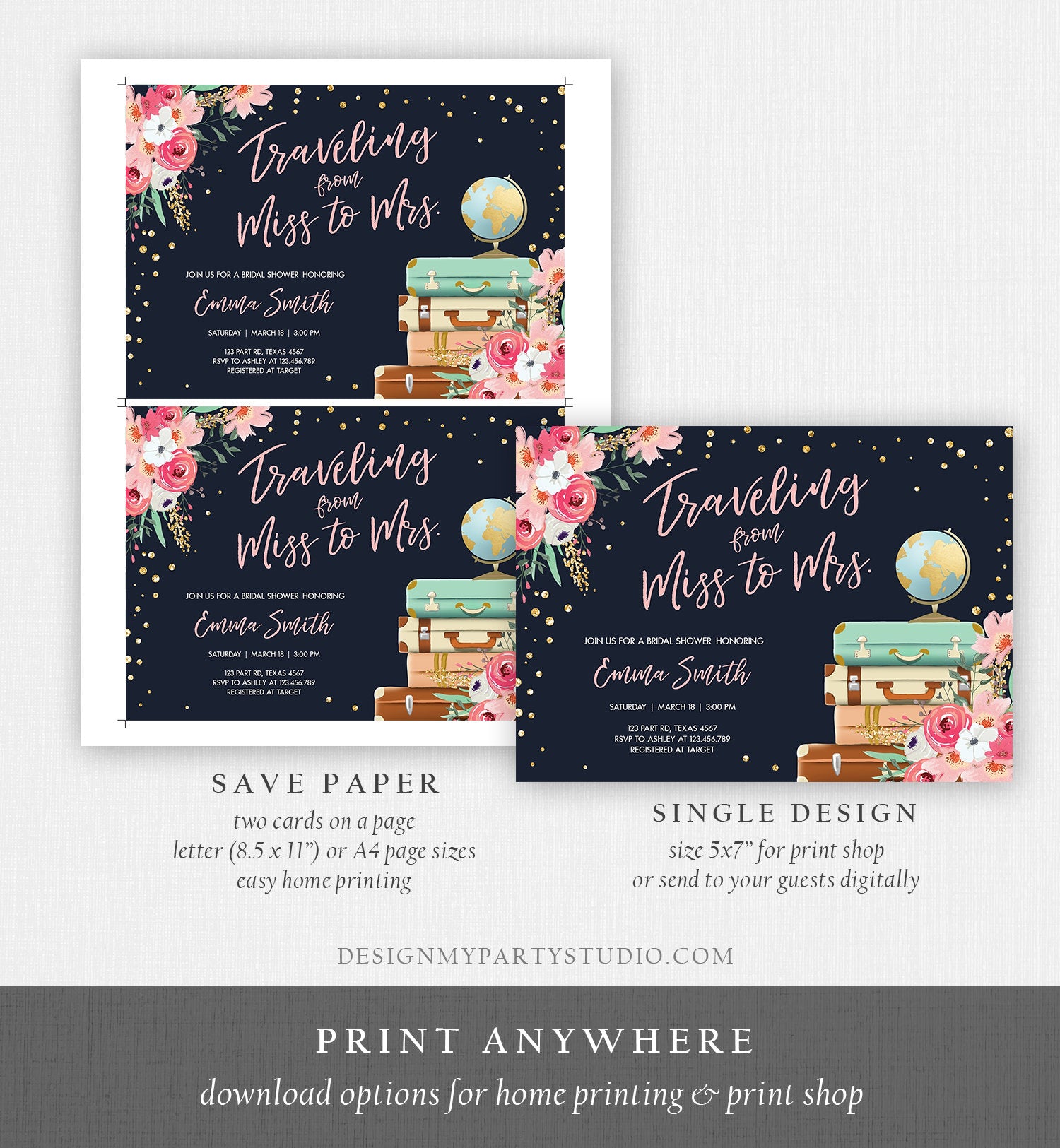Editable Traveling from Miss to Mrs Bridal Shower Invitation Pink Floral Navy Gold Globe Suitcases Download Printable Corjl Template 0030