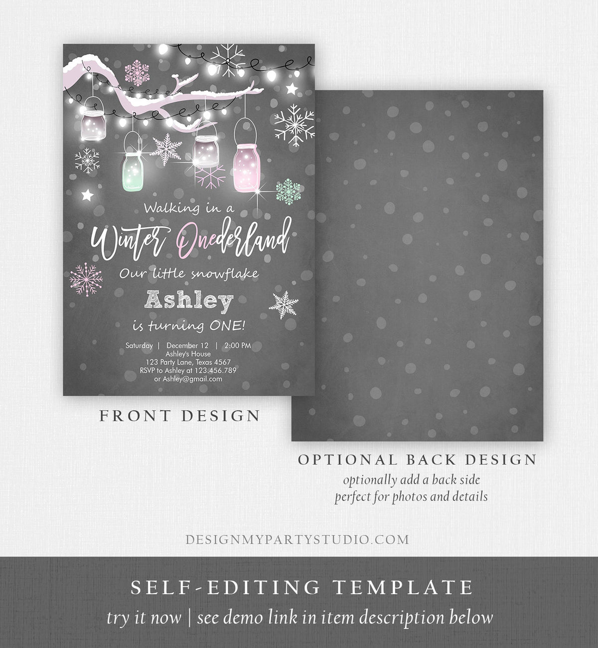 Editable ANY AGE Winter Birthday Invitation Onederland Birthday Invite Snowflake Girl Pink Mint Download Printable Template Corjl 0066