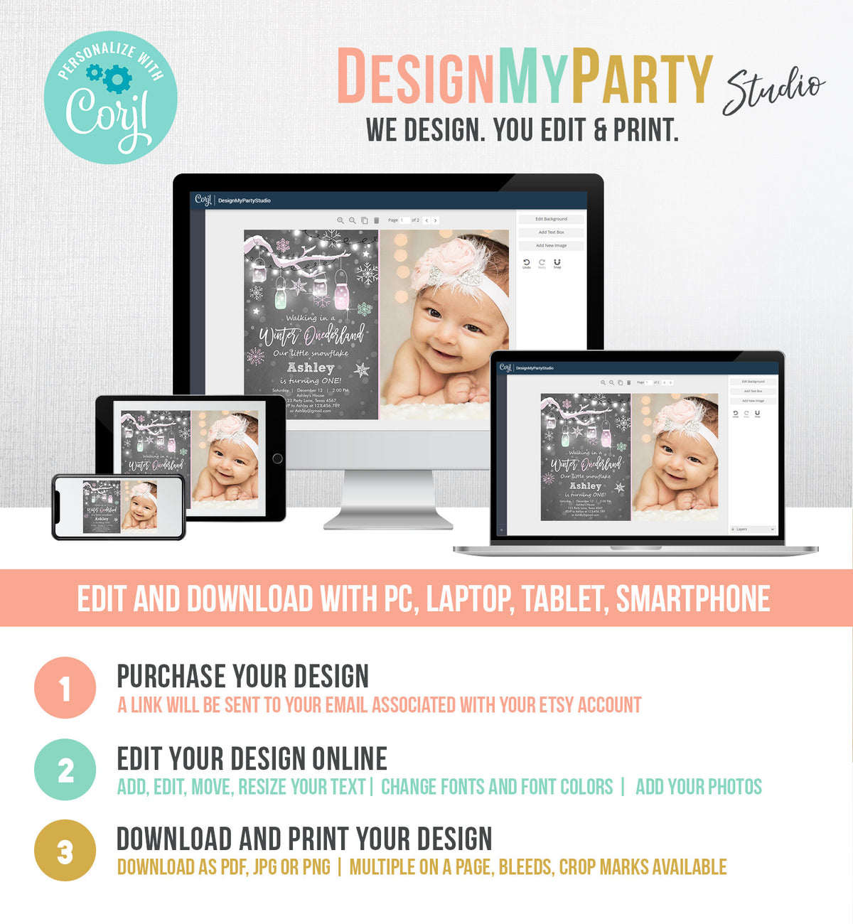 Editable ANY AGE Winter ONEderland Birthday Invitation First Birthday Snowflake Girl Pink Download Printable Invitation Template Corjl 0066