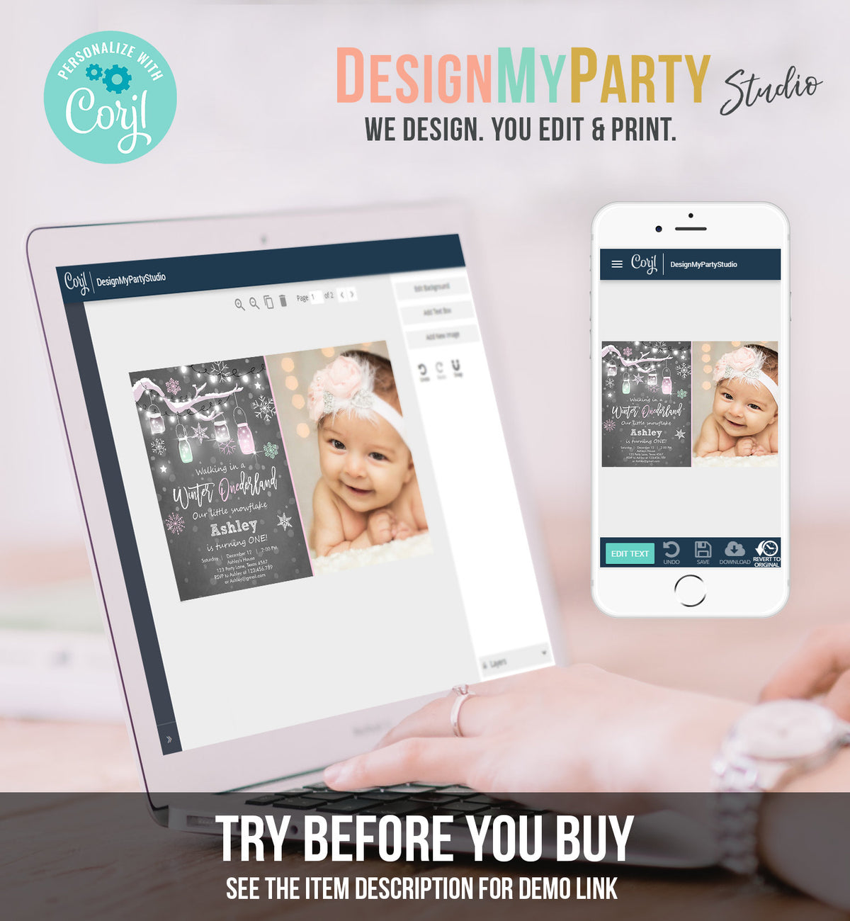 Editable ANY AGE Winter ONEderland Birthday Invitation First Birthday Snowflake Girl Pink Download Printable Invitation Template Corjl 0066