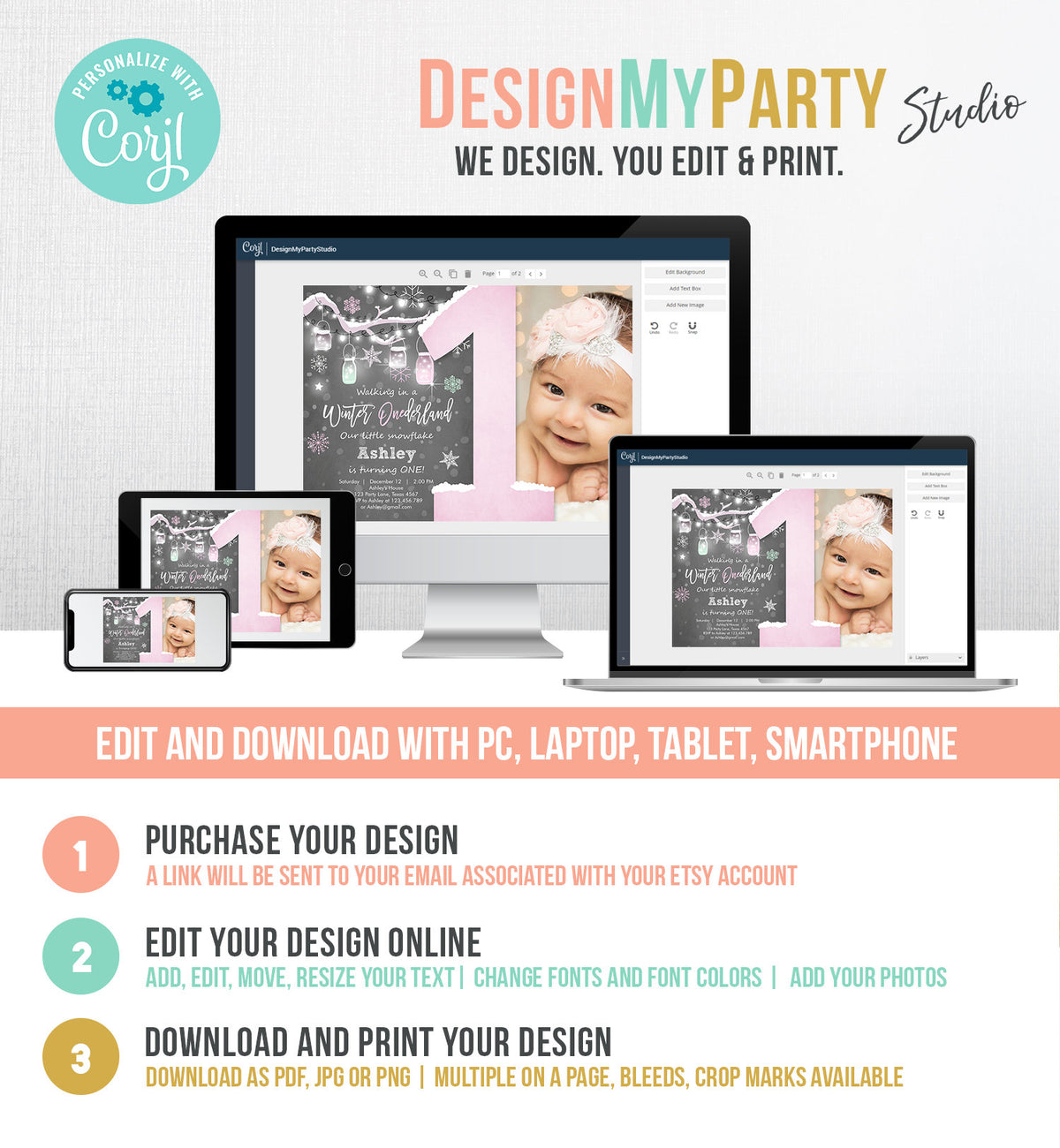 Editable Winter ONEderland Birthday Invitation First Birthday Snowflake Girl Pink Download Printable Invitation Template Corjl 0066