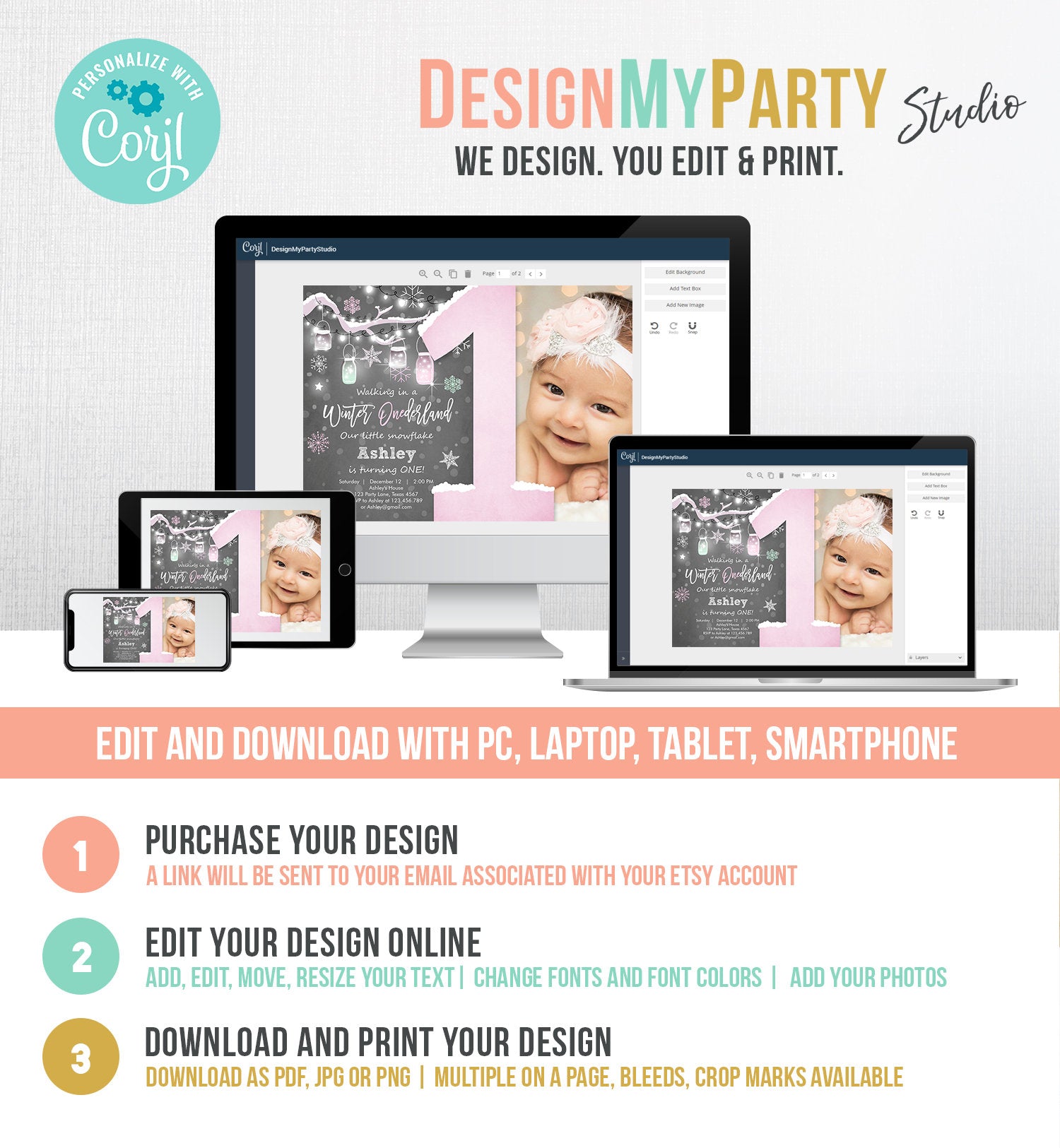 Editable Winter ONEderland Birthday Invitation First Birthday Snowflake Girl Pink Download Printable Invitation Template Corjl 0066