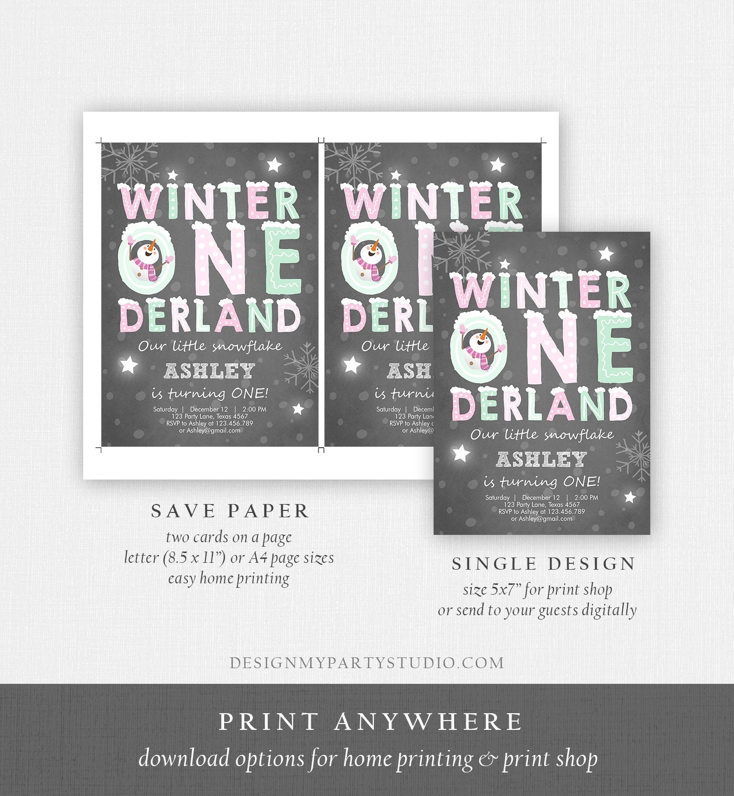 Editable Winter ONEderland Birthday Invitation First Birthday Snowman Girl Pink Mint Download Printable Invitation Template Corjl 0075