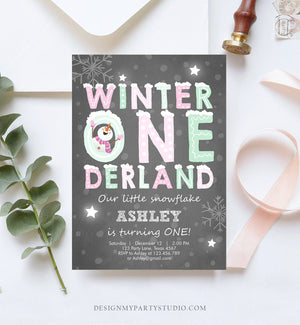 Editable Winter ONEderland Birthday Invitation First Birthday Snowman Girl Pink Mint Download Printable Invitation Template Corjl 0075