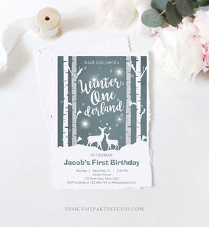 Editable Winter ONEderland Birthday Invitation Boy First Birthday Deer Trees Snowflakes Download Printable Invitation Template Corjl 0264