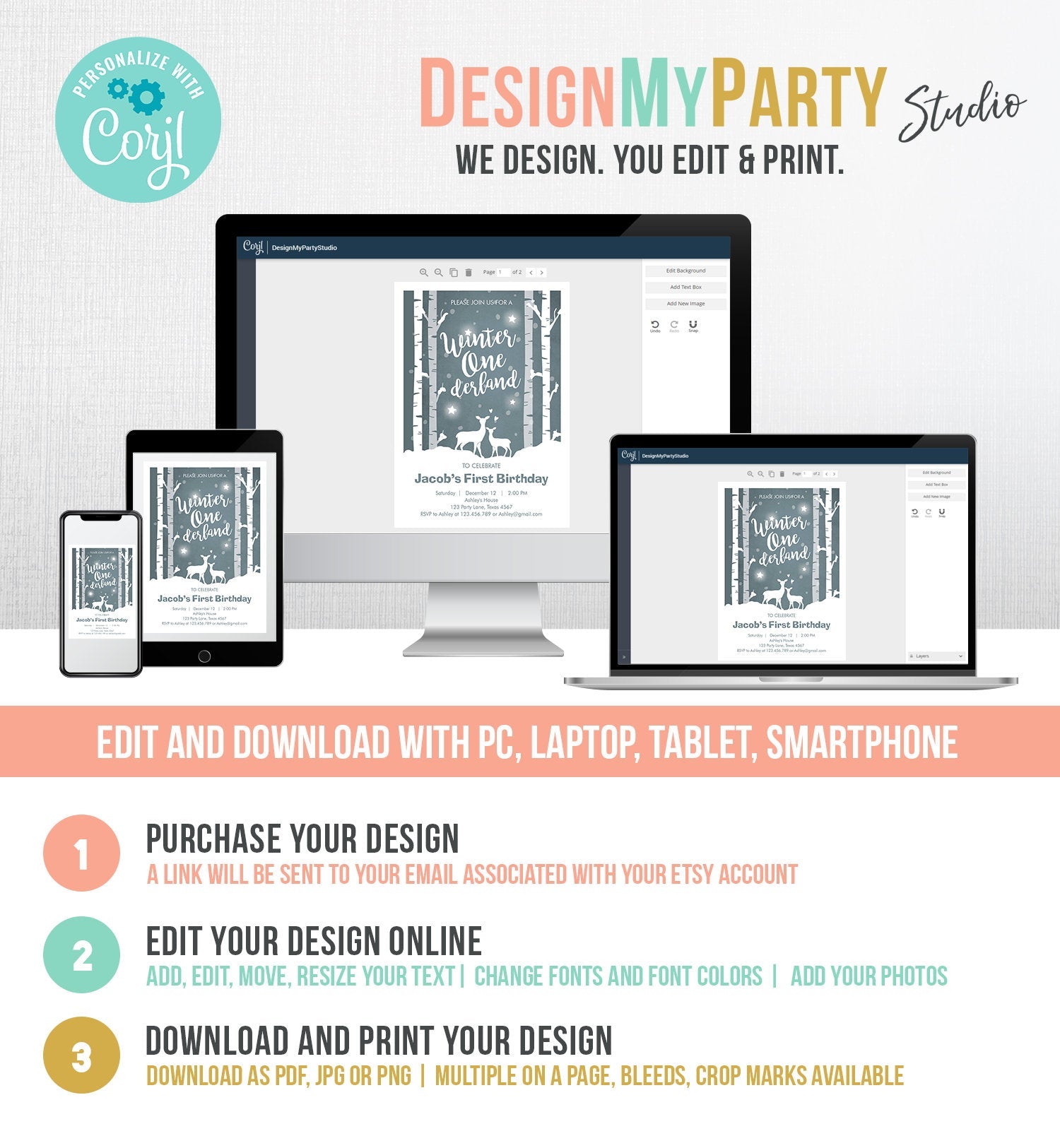 Editable Winter ONEderland Birthday Invitation Boy First Birthday Deer Trees Snowflakes Download Printable Invitation Template Corjl 0264