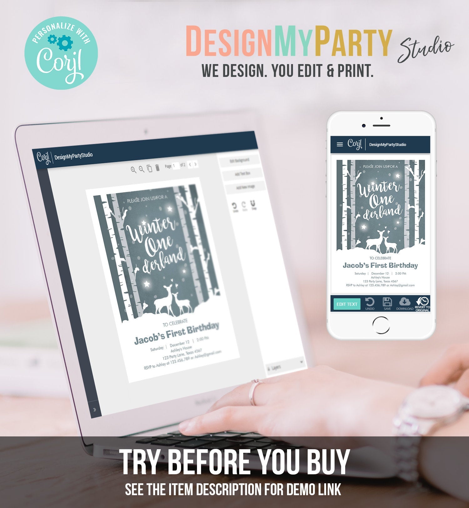 Editable Winter ONEderland Birthday Invitation Boy First Birthday Deer Trees Snowflakes Download Printable Invitation Template Corjl 0264