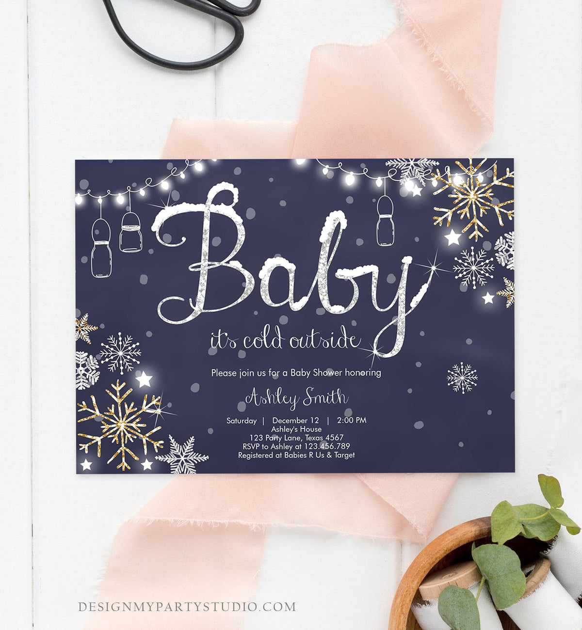 Editable Winter Baby Shower Invitation Baby Its Cold Outside Gender Neutral Silver Gold Glitter Snow Template Instant Download Corjl 0032