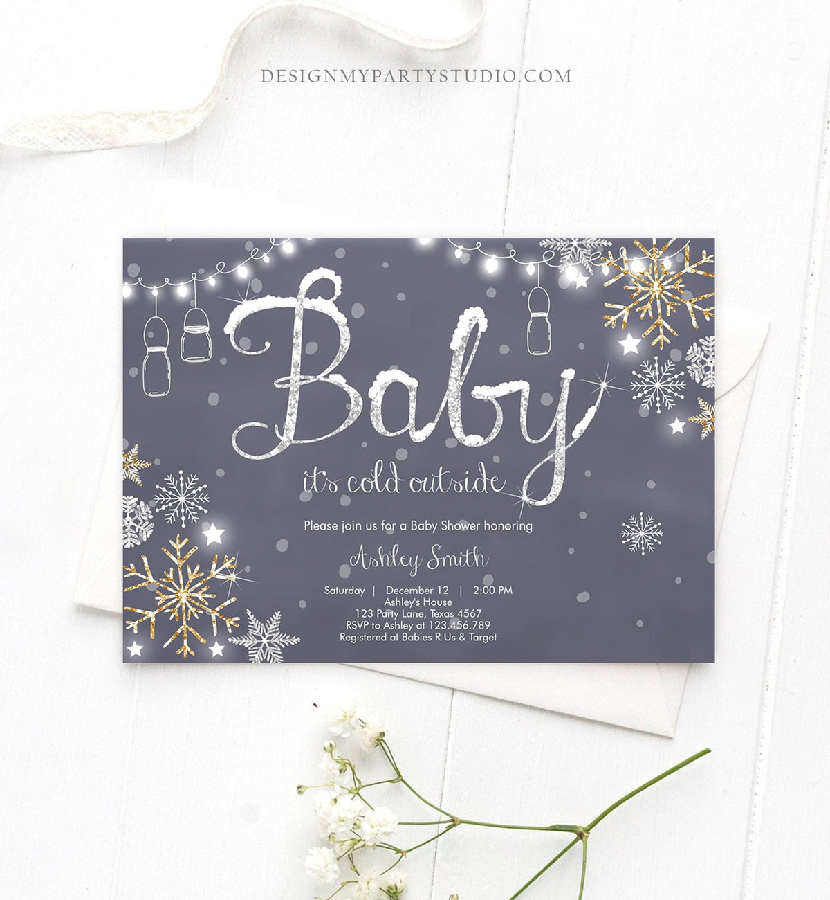 Editable Winter Baby Shower Invitation Baby Its Cold Outside Gender Neutral Silver Gold Glitter Snow Template Instant Download Corjl 0032