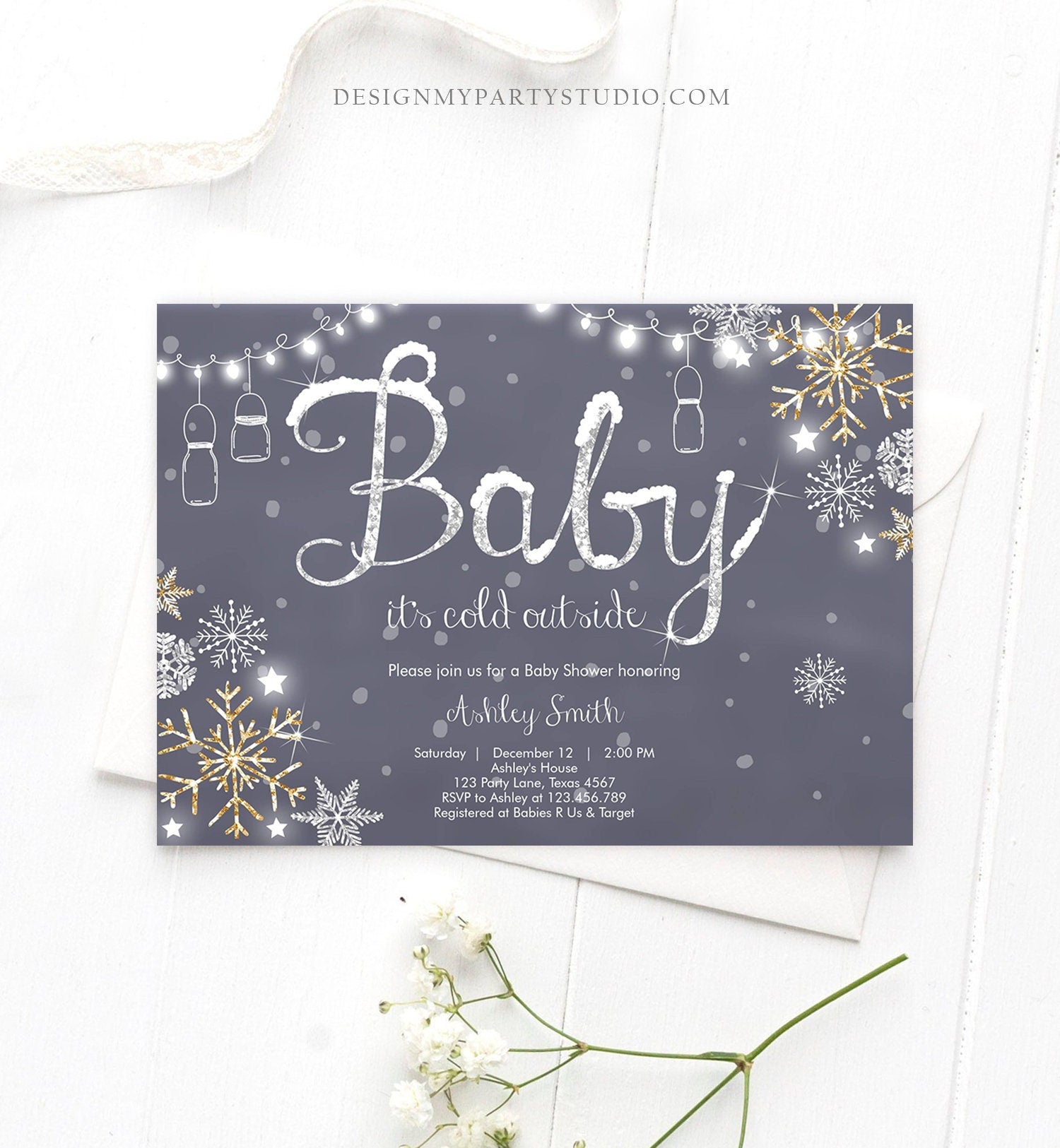 Editable Winter Baby Shower Invitation Baby Its Cold Outside Gender Neutral Silver Gold Glitter Snow Template Instant Download Corjl 0032