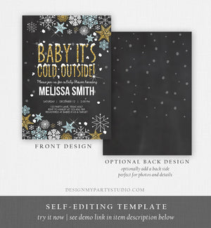 Editable Winter Baby Shower Invitation Baby Its Cold Outside Blue Gold Glitter Boy Winter Snow Template Instant Download Digital Corjl 0033