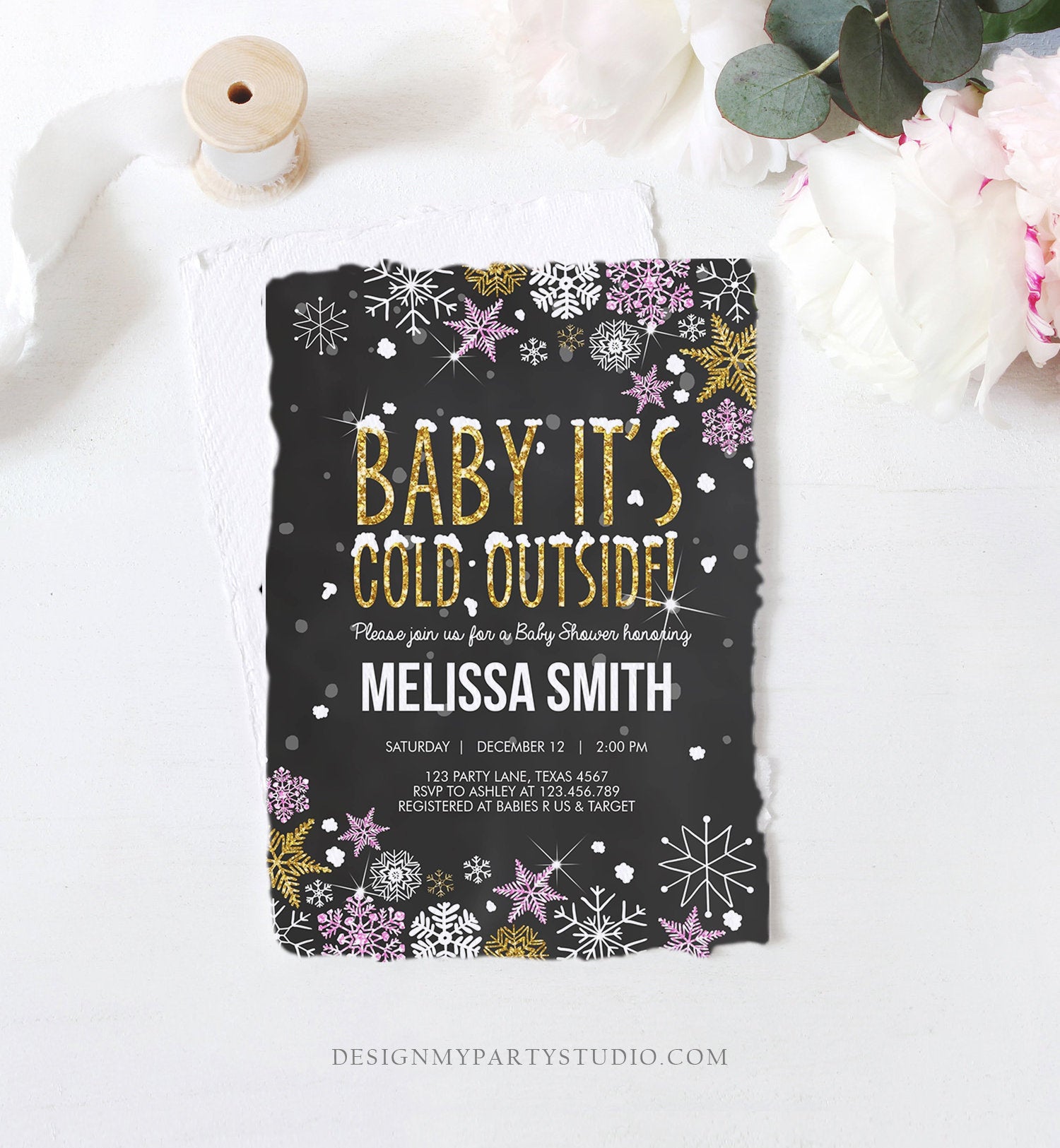 Editable Winter Baby Shower Invitation Girl Baby Its Cold Outside Pink Gold Glitter Winter Snow Template Instant Download Digital Corjl 0033