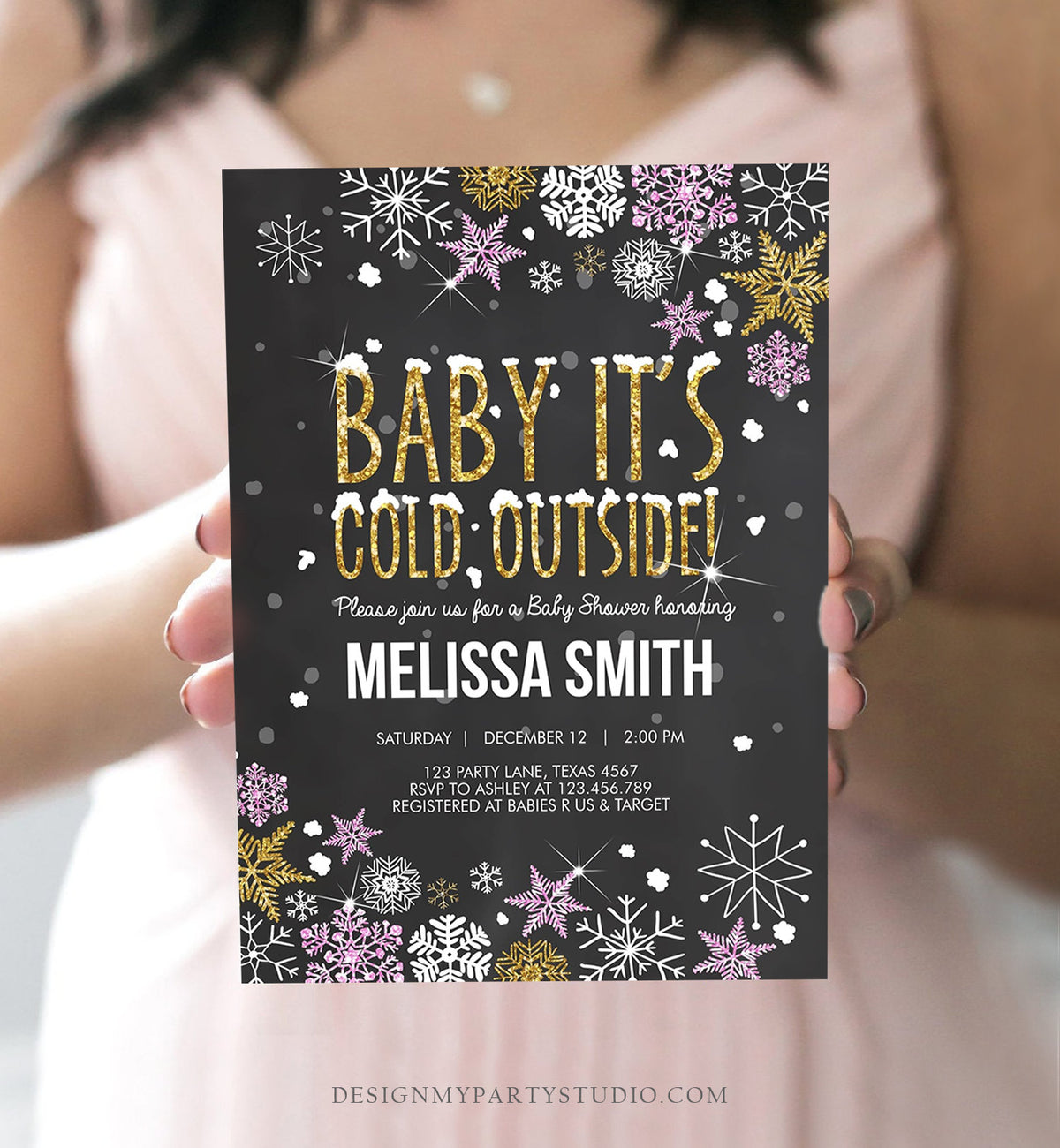 Editable Winter Baby Shower Invitation Girl Baby Its Cold Outside Pink Gold Glitter Winter Snow Template Instant Download Digital Corjl 0033
