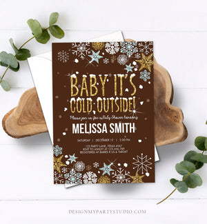 Editable Baby Its Cold Outside Baby Shower Invitation Blue Gold Boy Winter Little Snowflake Invitation Template Download Digital Corjl 0033