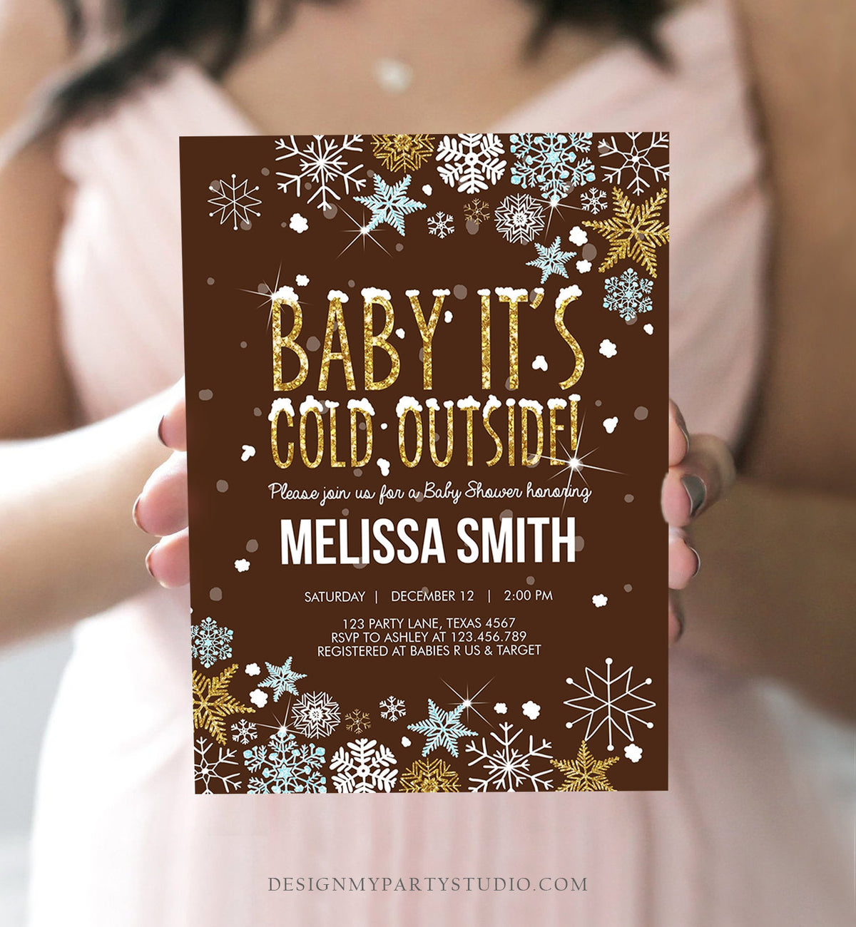 Editable Baby Its Cold Outside Baby Shower Invitation Blue Gold Boy Winter Little Snowflake Invitation Template Download Digital Corjl 0033