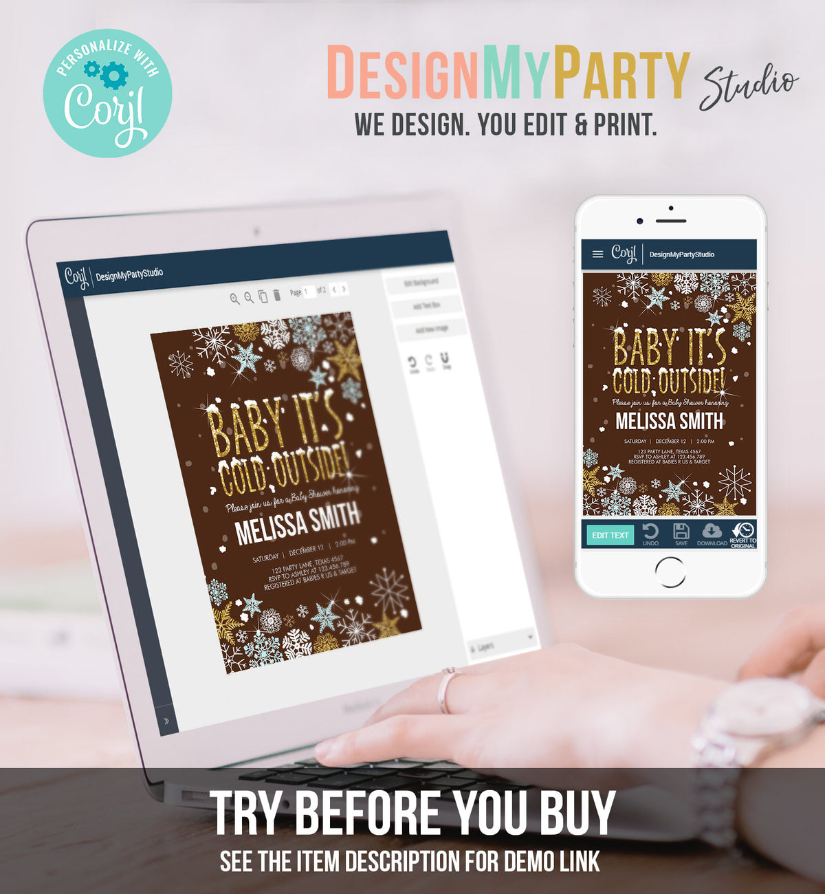 Editable Baby Its Cold Outside Baby Shower Invitation Blue Gold Boy Winter Little Snowflake Invitation Template Download Digital Corjl 0033