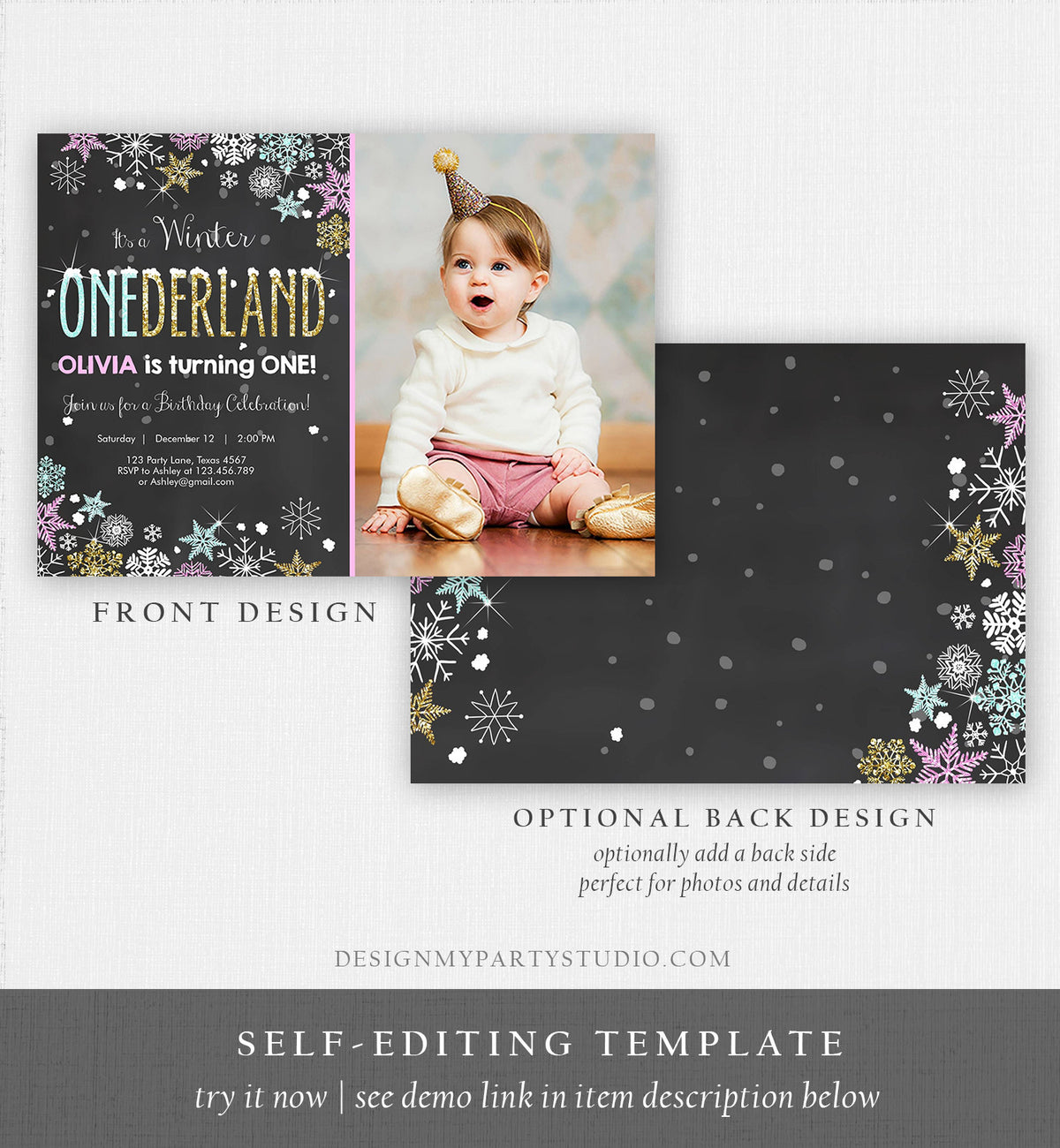 Editable Winter ONEderland Invitation Girl First Birthday Snowflake Pink Mint Gold Glitter Download Printable Invitation Template Corjl 0033