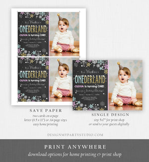 Editable Winter ONEderland Invitation Girl First Birthday Snowflake Pink Mint Gold Glitter Download Printable Invitation Template Corjl 0033