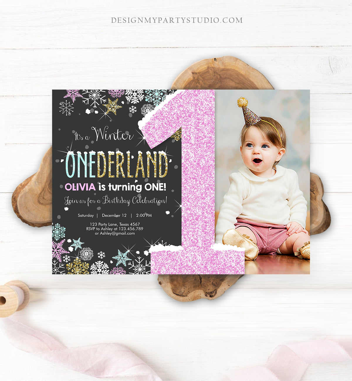 Editable Winter ONEderland Invitation Girl First Birthday Snowflake Pink Mint Gold Glitter Download Printable Invitation Template Corjl 0033