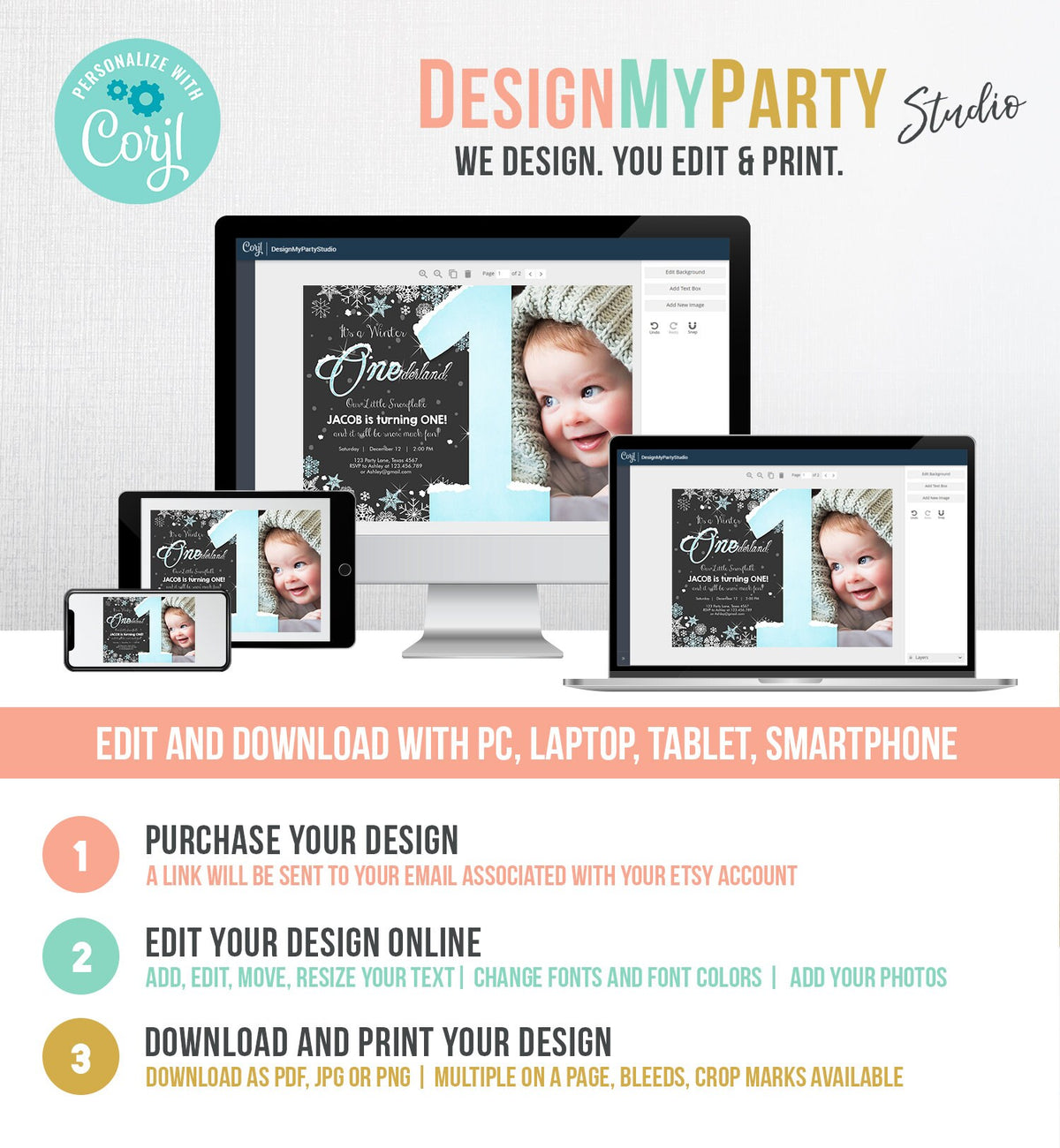 Editable Winter ONEderland Birthday Invitation First Birthday Snowflake Boy Blue Silver Download Printable Invite Template Corjl 0033