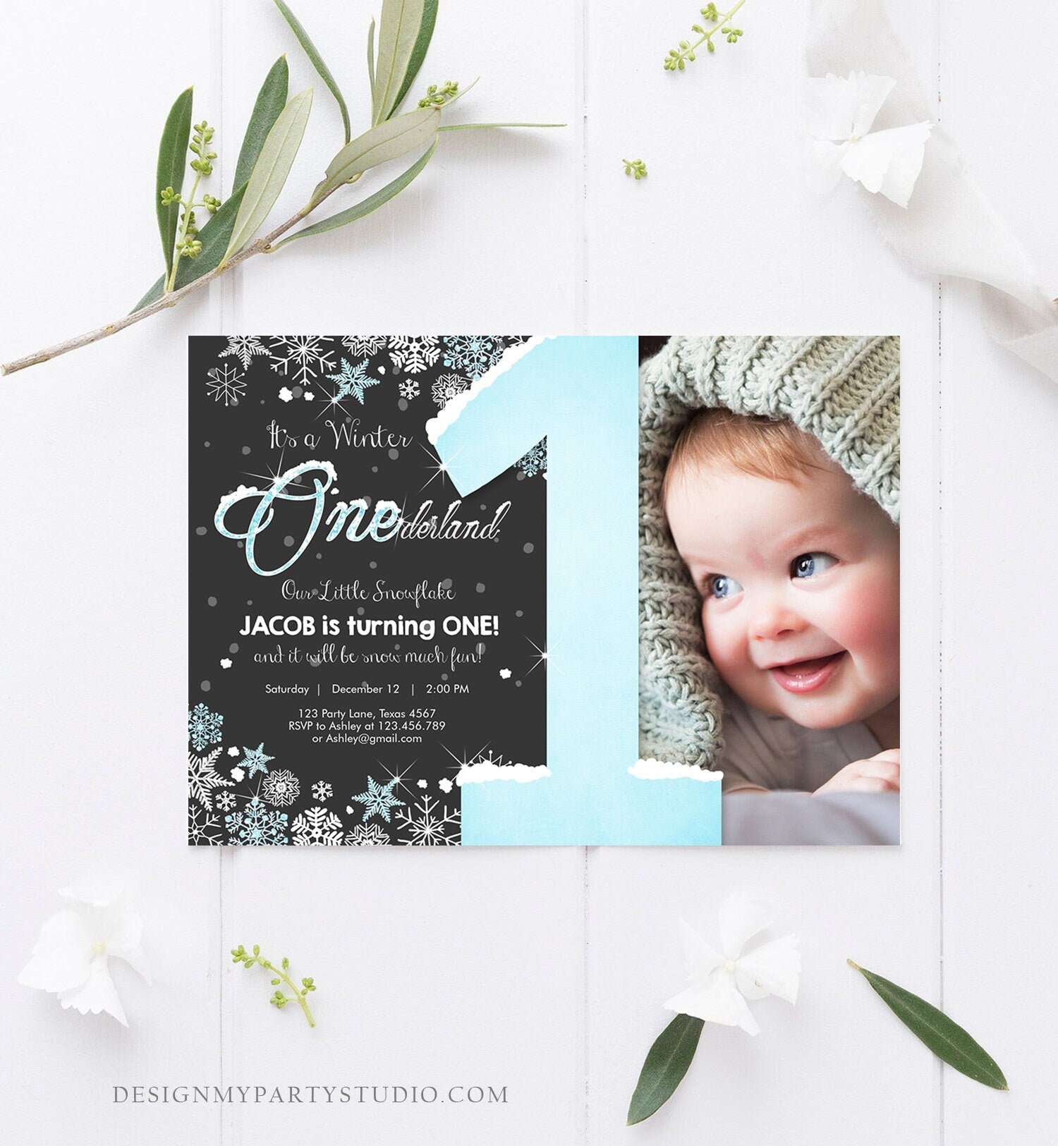 Editable Winter ONEderland Birthday Invitation First Birthday Snowflake Boy Blue Silver Download Printable Invite Template Corjl 0033