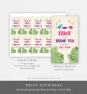 Editable Dinosaur Favor Tags Thank You For Stomping By Dino Pink Girl RAWR Roaring Instant Digital Download Template Corjl Printable 0043