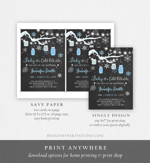 Editable Baby Its Cold Outside Baby Shower Invitation Mason Jars Blue Boy Shower Winter Snow Template Instant Download Digital Corjl 0012