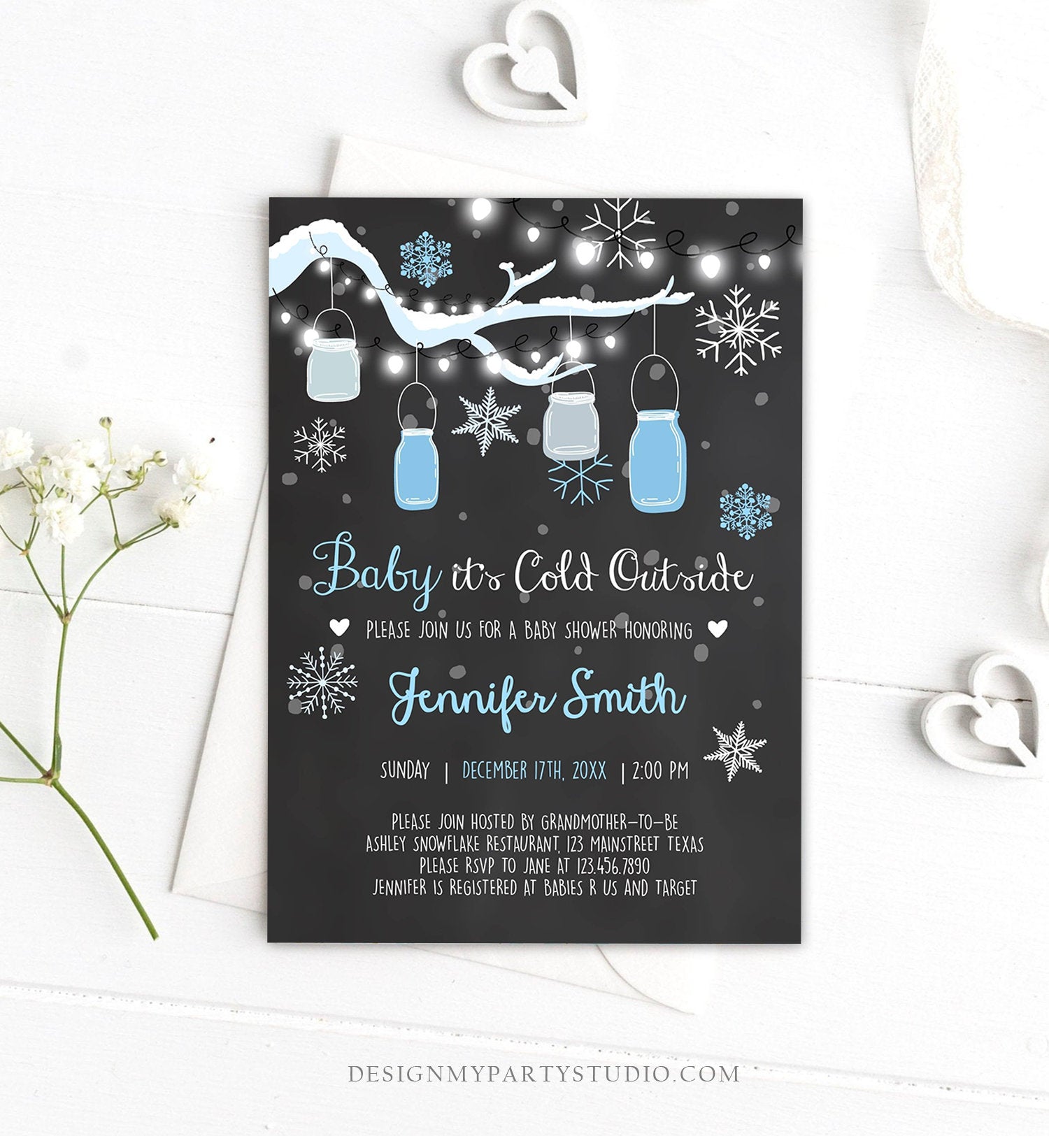 Editable Baby Its Cold Outside Baby Shower Invitation Mason Jars Blue Boy Shower Winter Snow Template Instant Download Digital Corjl 0012