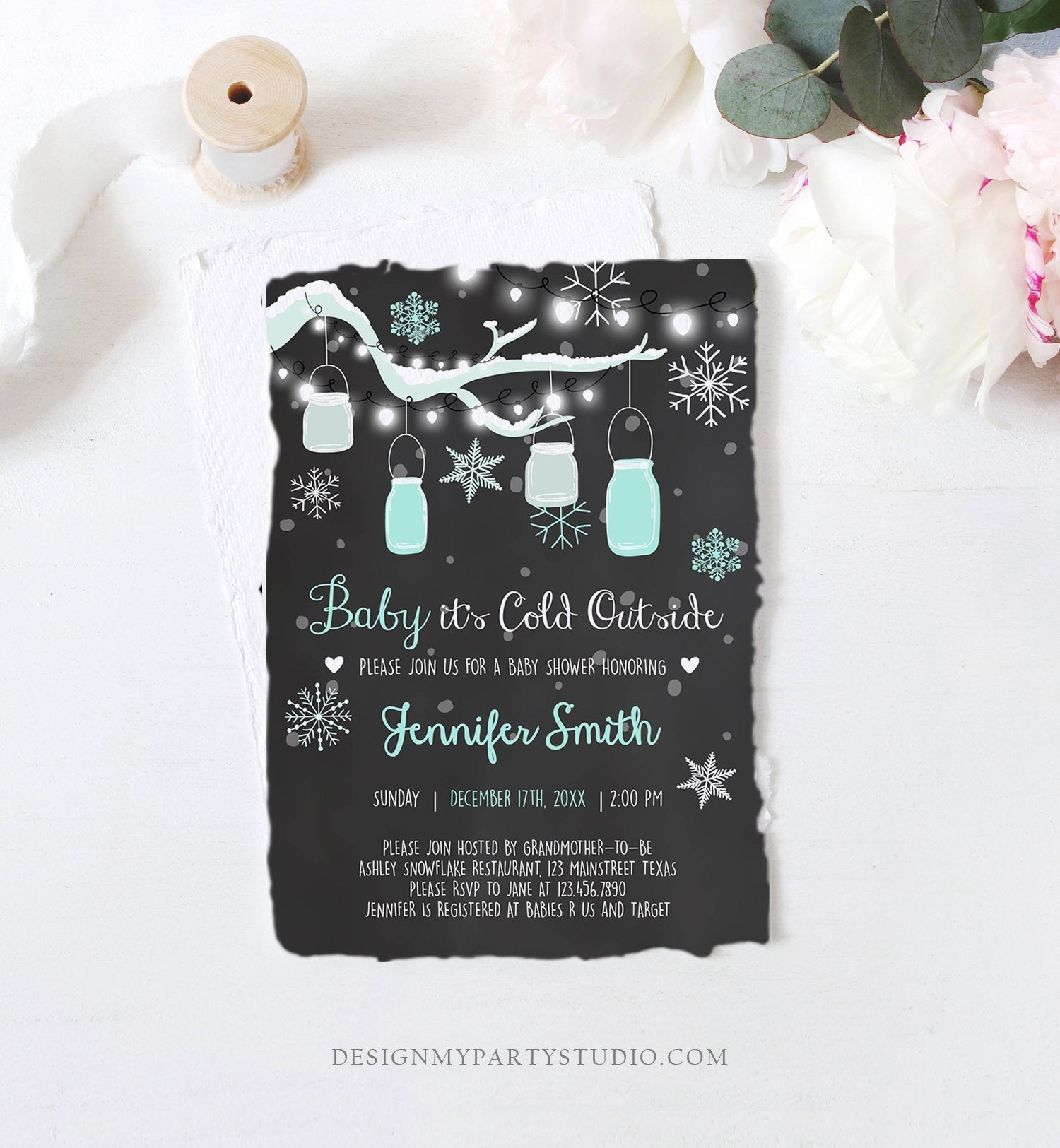 Editable Baby Its Cold Outside Baby Shower Invitation Mint Winter Snow Gender Neutral Invite Template Instant Download Digital Corjl 0012