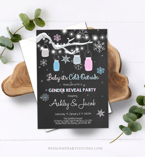 Editable Winter Gender Reveal Invitation Cold Outside Snow Boy or Girl He or She Chalk Rustic Template Invitation Download Corjl 0012