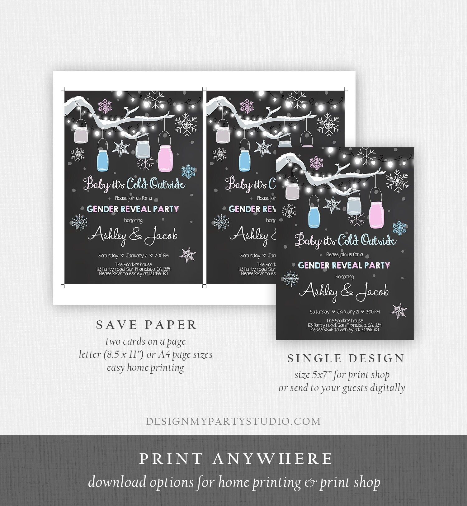 Editable Winter Gender Reveal Invitation Cold Outside Snow Boy or Girl He or She Chalk Rustic Template Invitation Download Corjl 0012