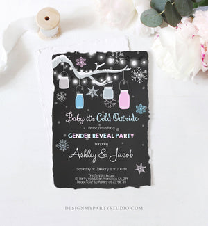 Editable Winter Gender Reveal Invitation Cold Outside Snow Boy or Girl He or She Chalk Rustic Template Invitation Download Corjl 0012