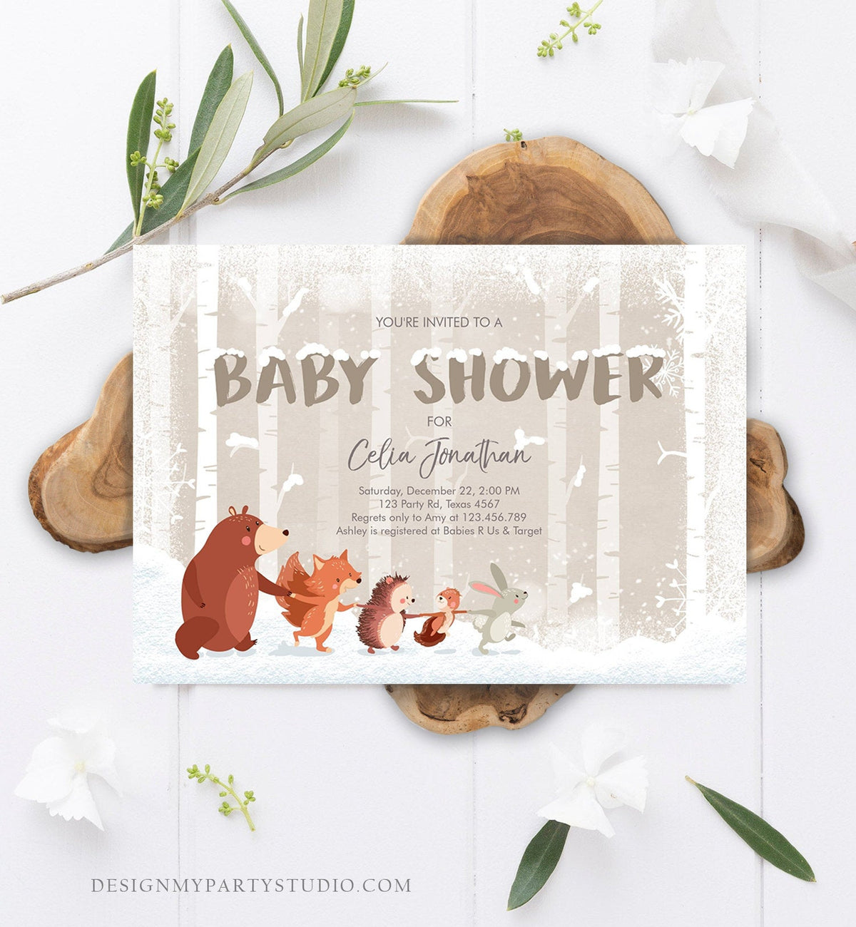 Editable Winter Woodland Baby shower invitation Forest Animals Gender Neutral Snowflakes Invite Rustic Template Download Digital Corjl 0040