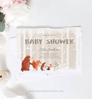 Editable Winter Woodland Baby shower invitation Forest Animals Gender Neutral Snowflakes Invite Rustic Template Download Digital Corjl 0040