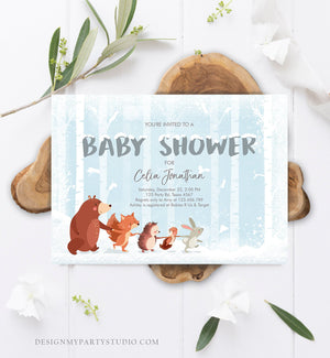 Editable Winter Woodland Baby shower invitation Boy Blue Forest Animals Bear Snowflakes Invite Rustic Template Download Digital Corjl 0040