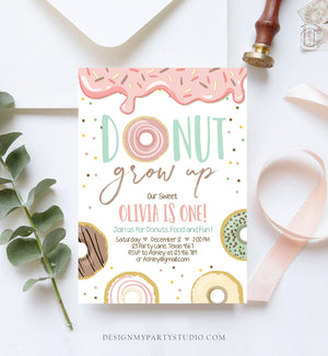 Editable Donut Grow Up Birthday Invitation First Birthday Party Pink Girl Doughnut Sweet Digital Download Printable Template Corjl 0320
