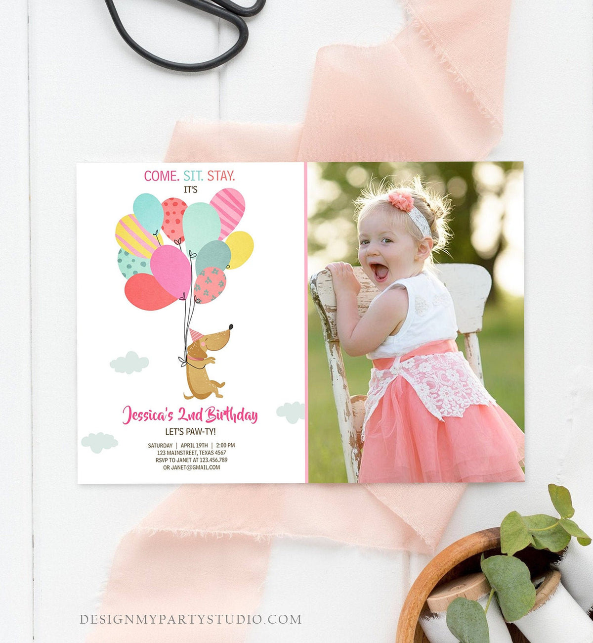 Editable Dog Invitation Dog Party Puppy Party Invite Dog Birthday paw-ty Invite Pink Girl Dog Theme Download Printable Template Corjl 0279