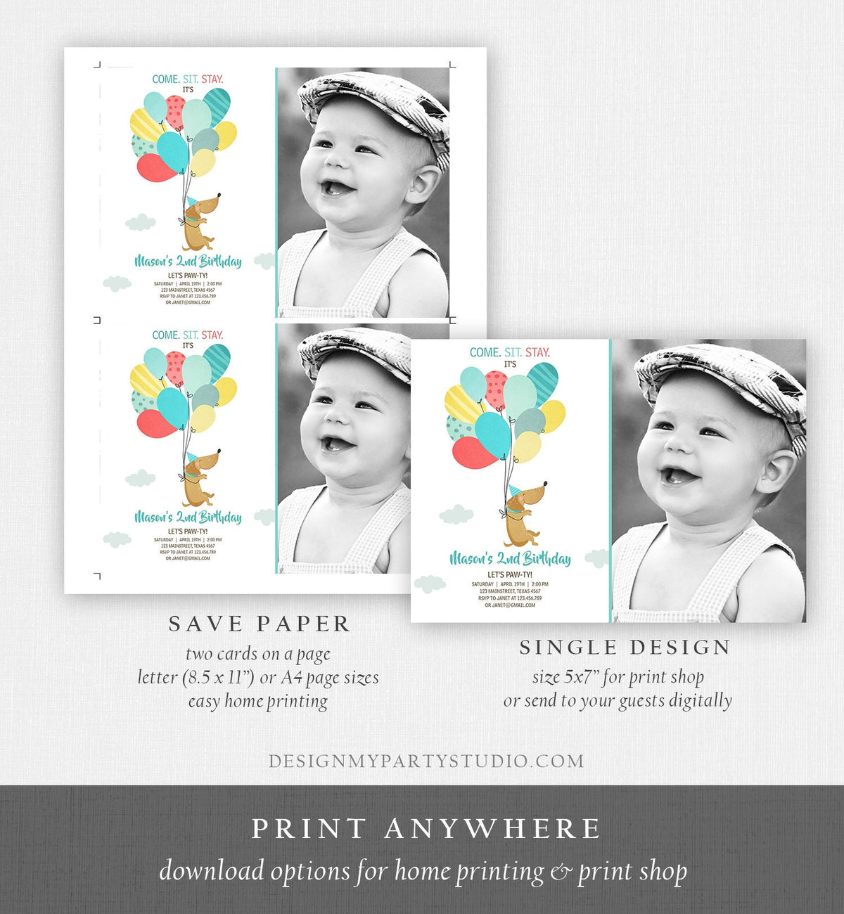 Editable Dog Invitation Dog Party Puppy Party Invite Dog Birthday paw-ty Invite Blue Boy Dog Theme Download Printable Template Corjl 0279