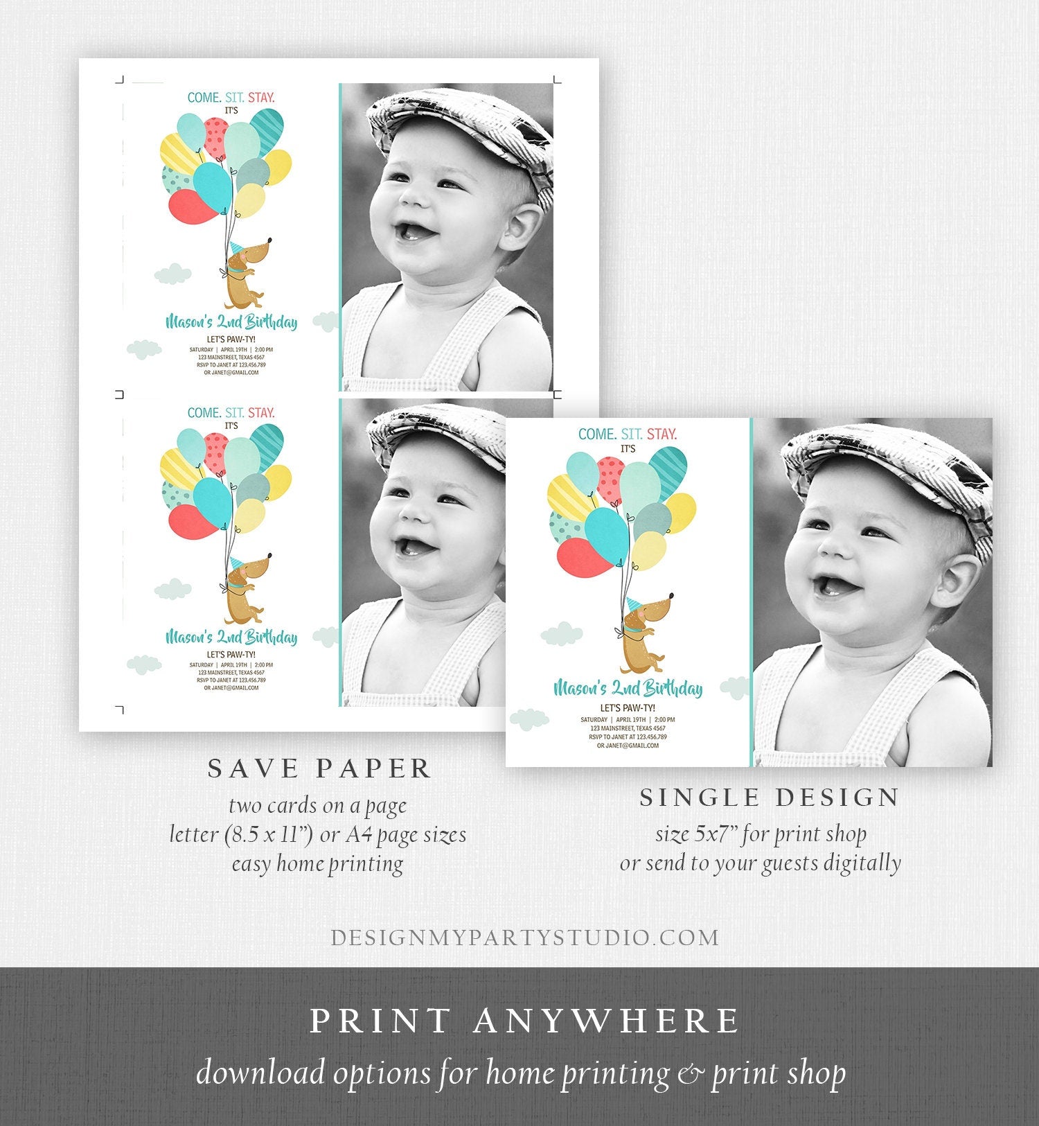 Editable Dog Invitation Dog Party Puppy Party Invite Dog Birthday paw-ty Invite Blue Boy Dog Theme Download Printable Template Corjl 0279