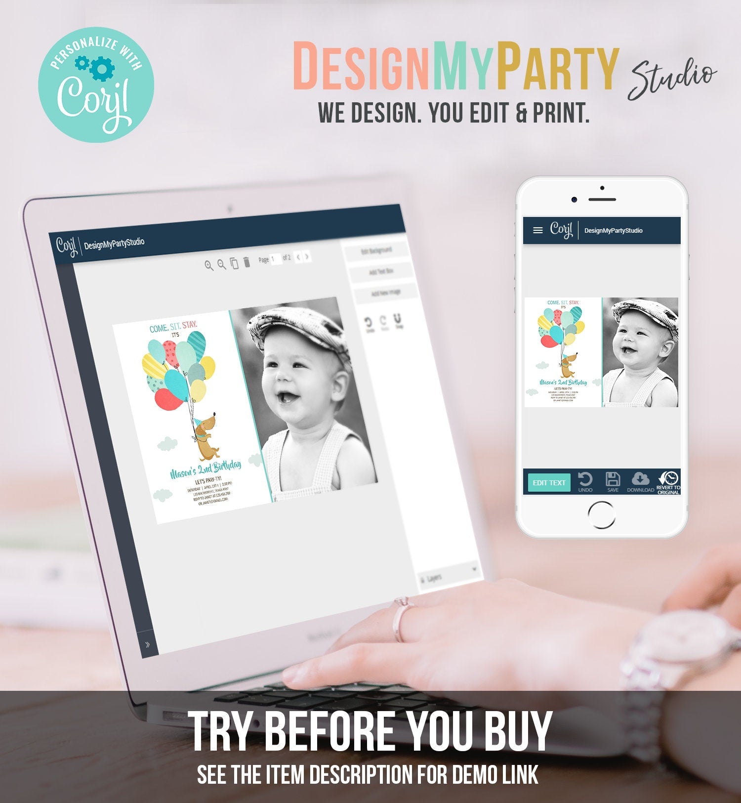 Editable Dog Invitation Dog Party Puppy Party Invite Dog Birthday paw-ty Invite Blue Boy Dog Theme Download Printable Template Corjl 0279