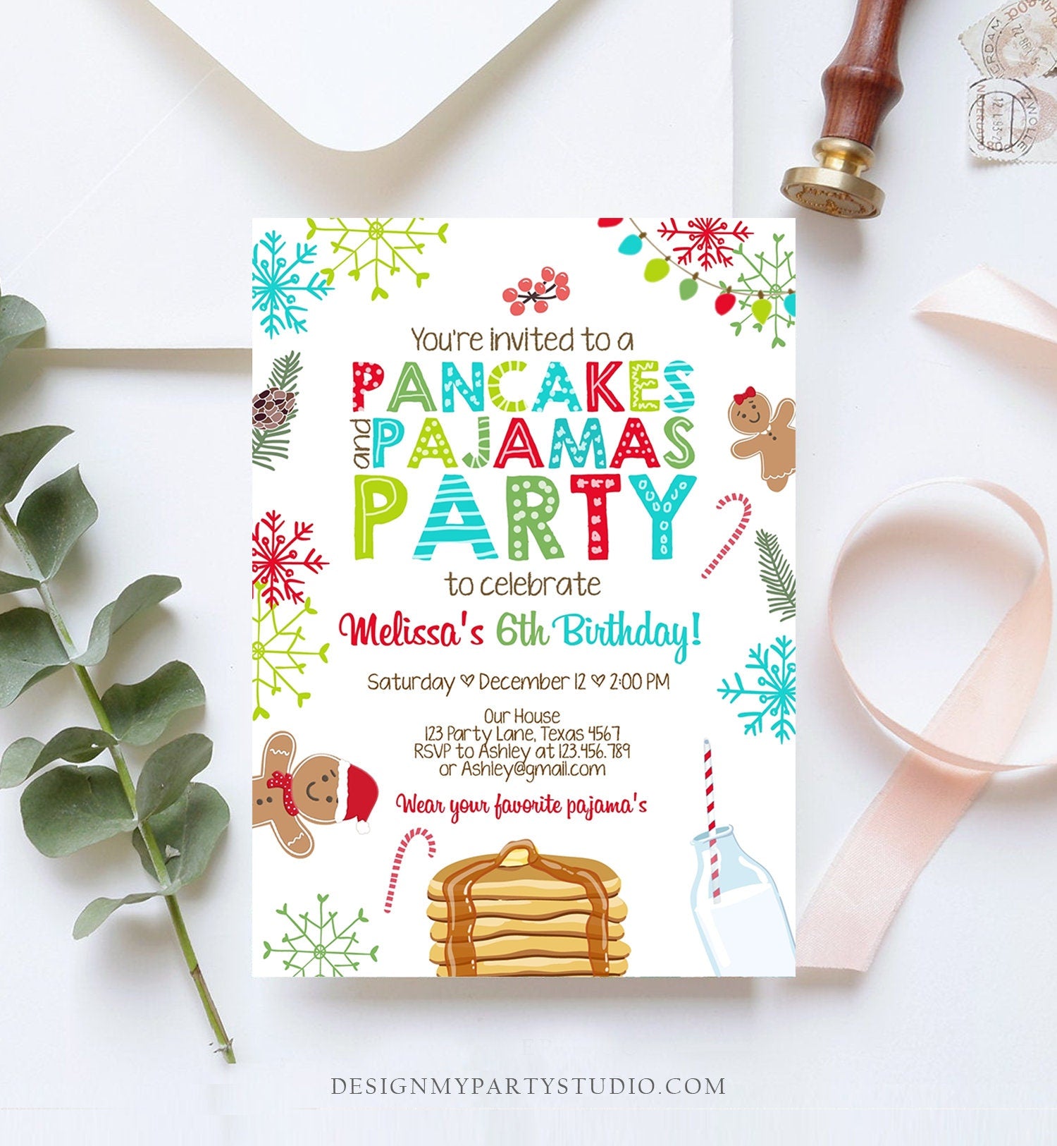 Editable Christmas Pancakes and Pajamas Birthday Invitation Pancake Gingerbread Milk Party Download Printable Corjl Template Digital 0271