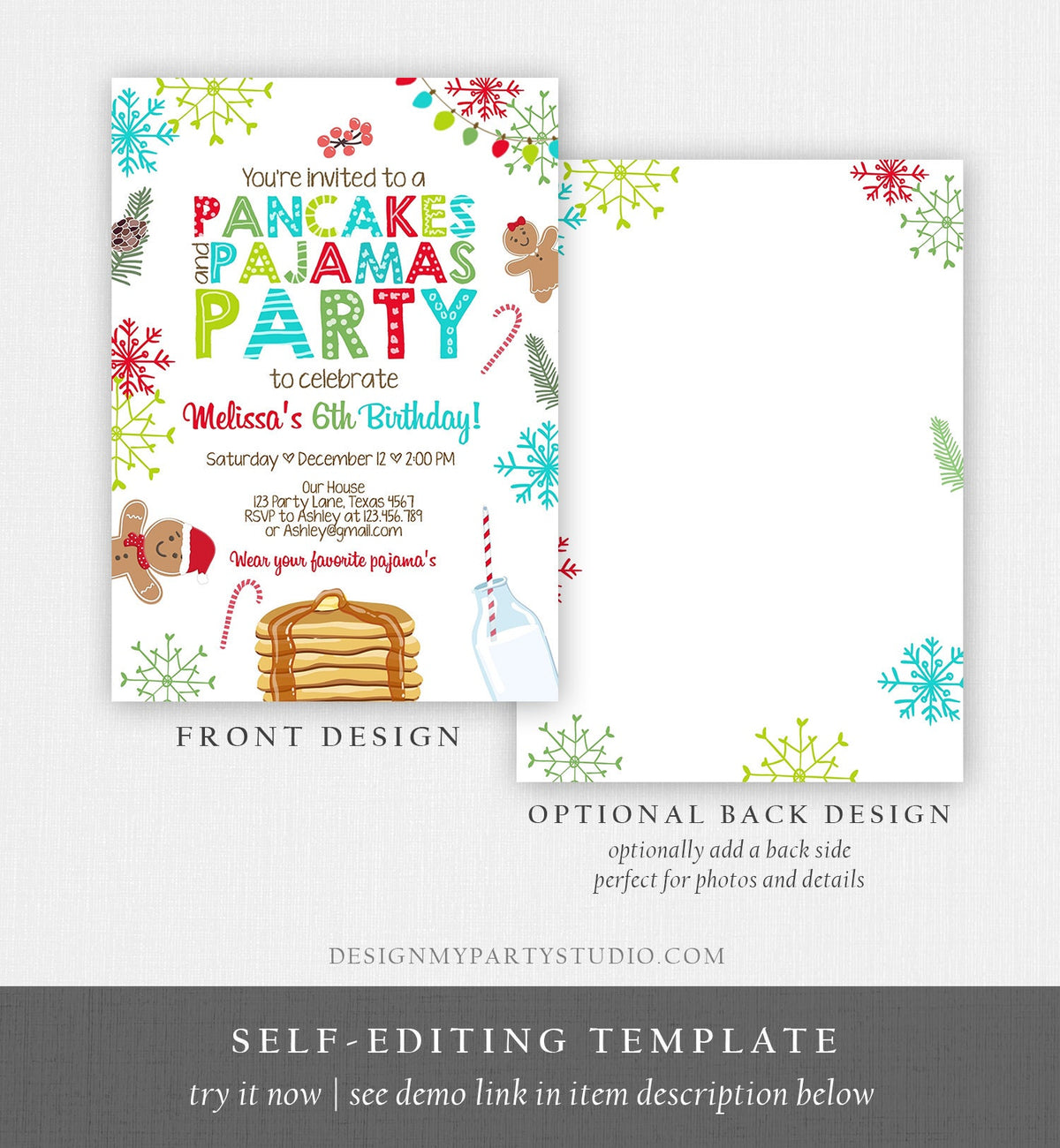 Editable Christmas Pancakes and Pajamas Birthday Invitation Pancake Gingerbread Milk Party Download Printable Corjl Template Digital 0271
