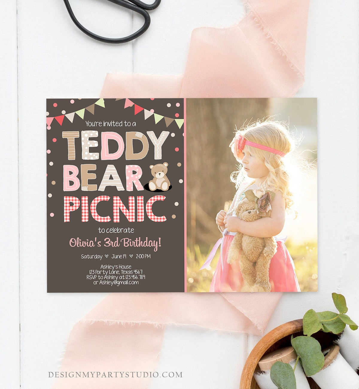 Editable Teddy Bear Picnic Birthday Invitation Pink Girl Brown Red Gingham Bear Picnic Outdoor Party Printable Digital Corjl Template 0100