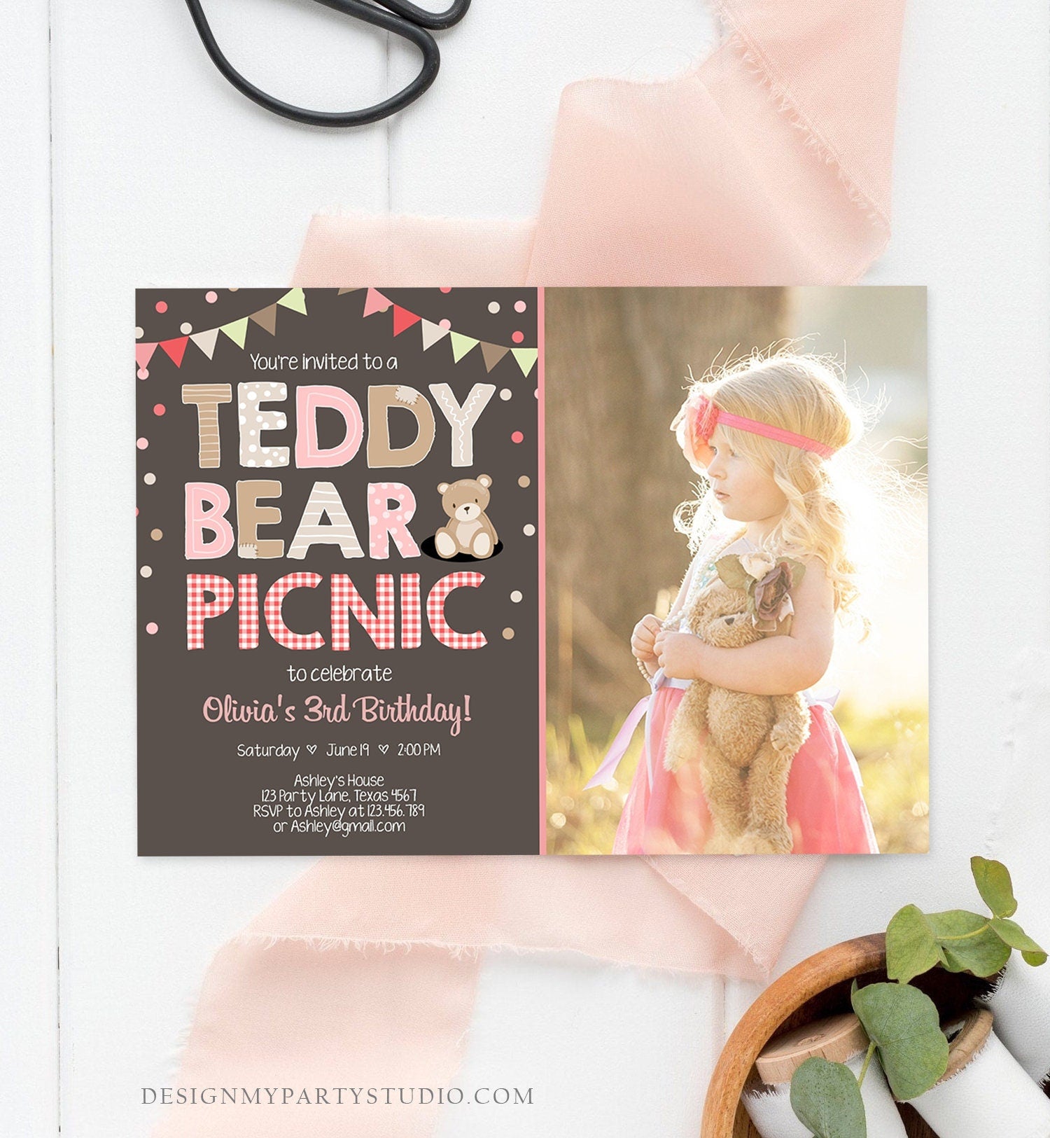 Editable Teddy Bear Picnic Birthday Invitation Pink Girl Brown Red Gingham Bear Picnic Outdoor Party Printable Digital Corjl Template 0100