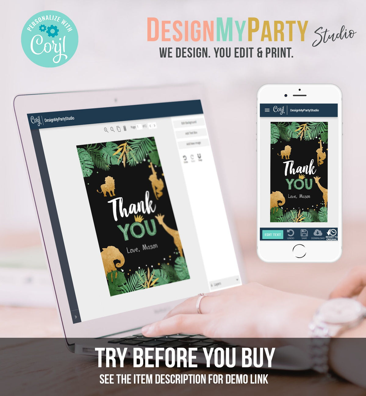 Editable Safari Animals Favor Tags Thank You Wild One Label Jungle Zoo Wild Animals Boy Green Gold Black Gift Download Corjl Template 0016