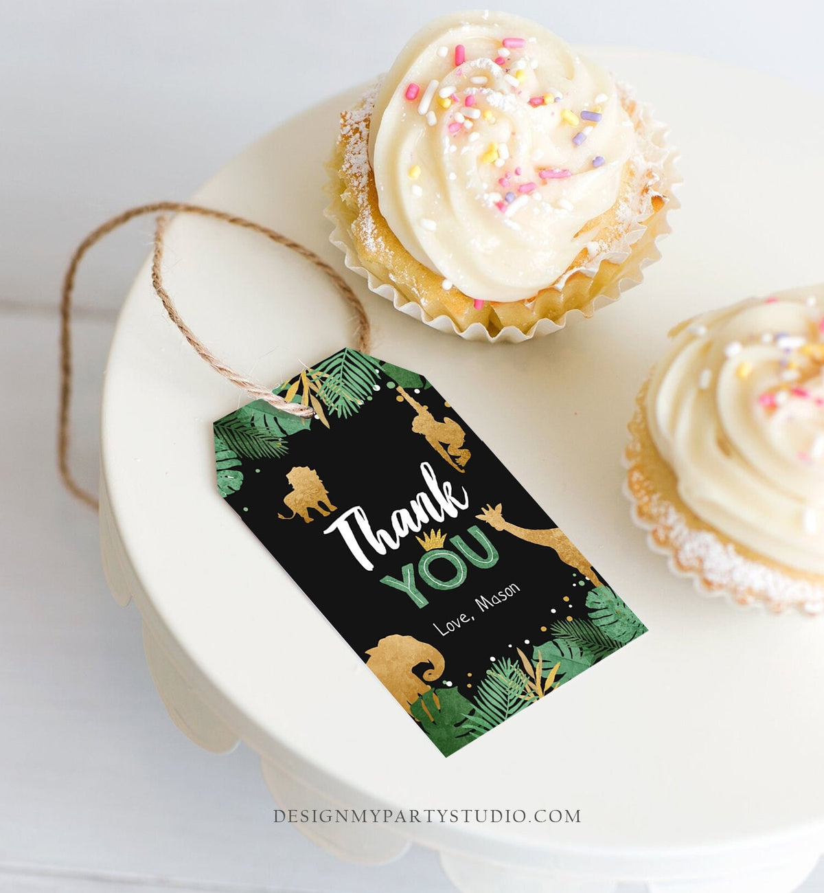 Editable Safari Animals Favor Tags Thank You Wild One Label Jungle Zoo Wild Animals Boy Green Gold Black Gift Download Corjl Template 0016