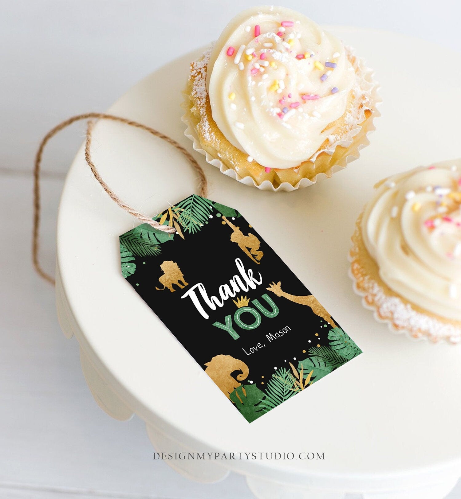Editable Safari Animals Favor Tags Thank You Wild One Label Jungle Zoo Wild Animals Boy Green Gold Black Gift Download Corjl Template 0016