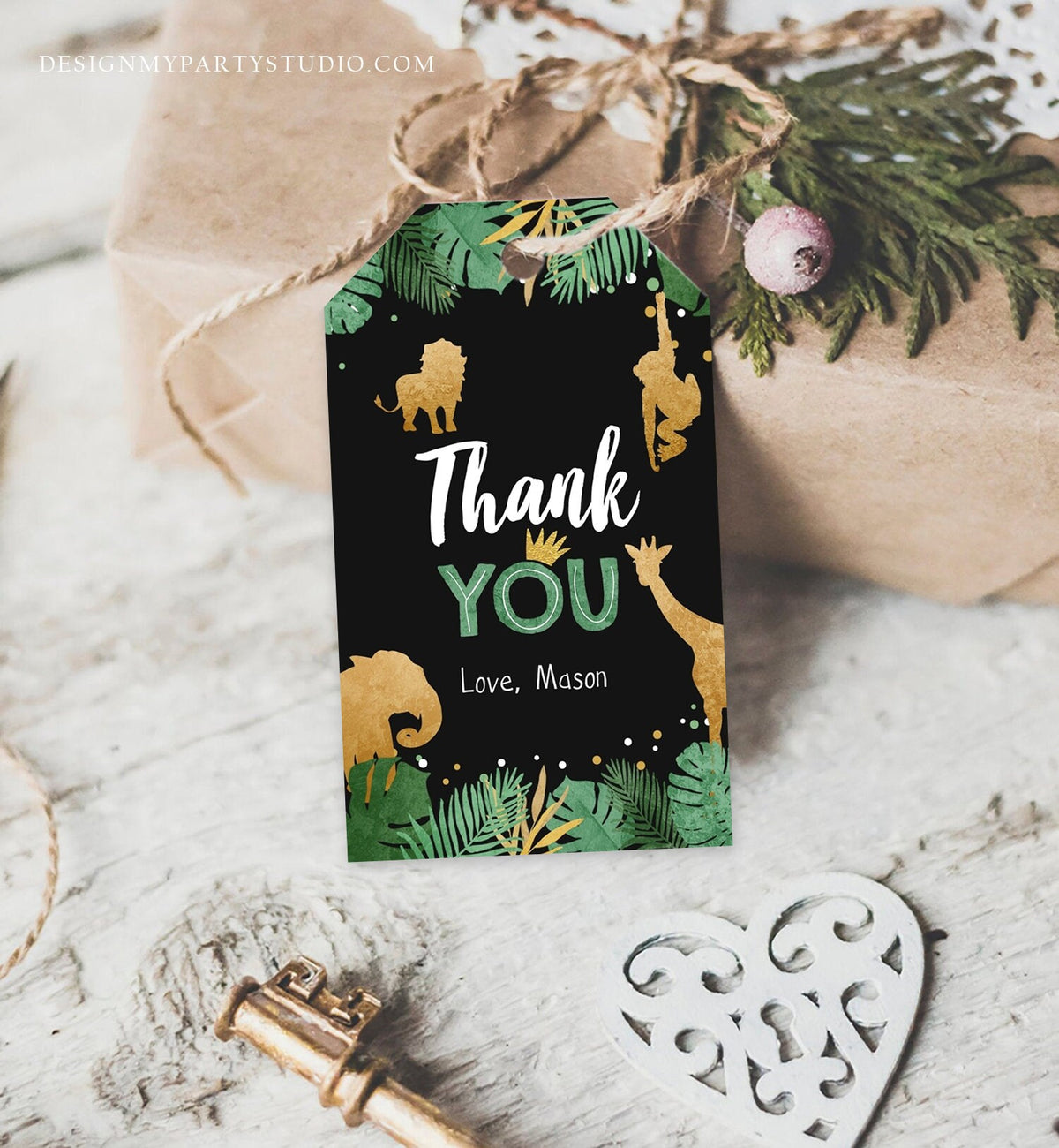 Editable Safari Animals Favor Tags Thank You Wild One Label Jungle Zoo Wild Animals Boy Green Gold Black Gift Download Corjl Template 0016