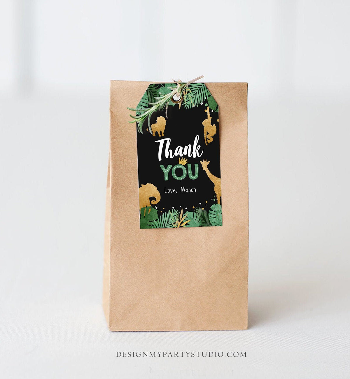 Editable Safari Animals Favor Tags Thank You Wild One Label Jungle Zoo Wild Animals Boy Green Gold Black Gift Download Corjl Template 0016